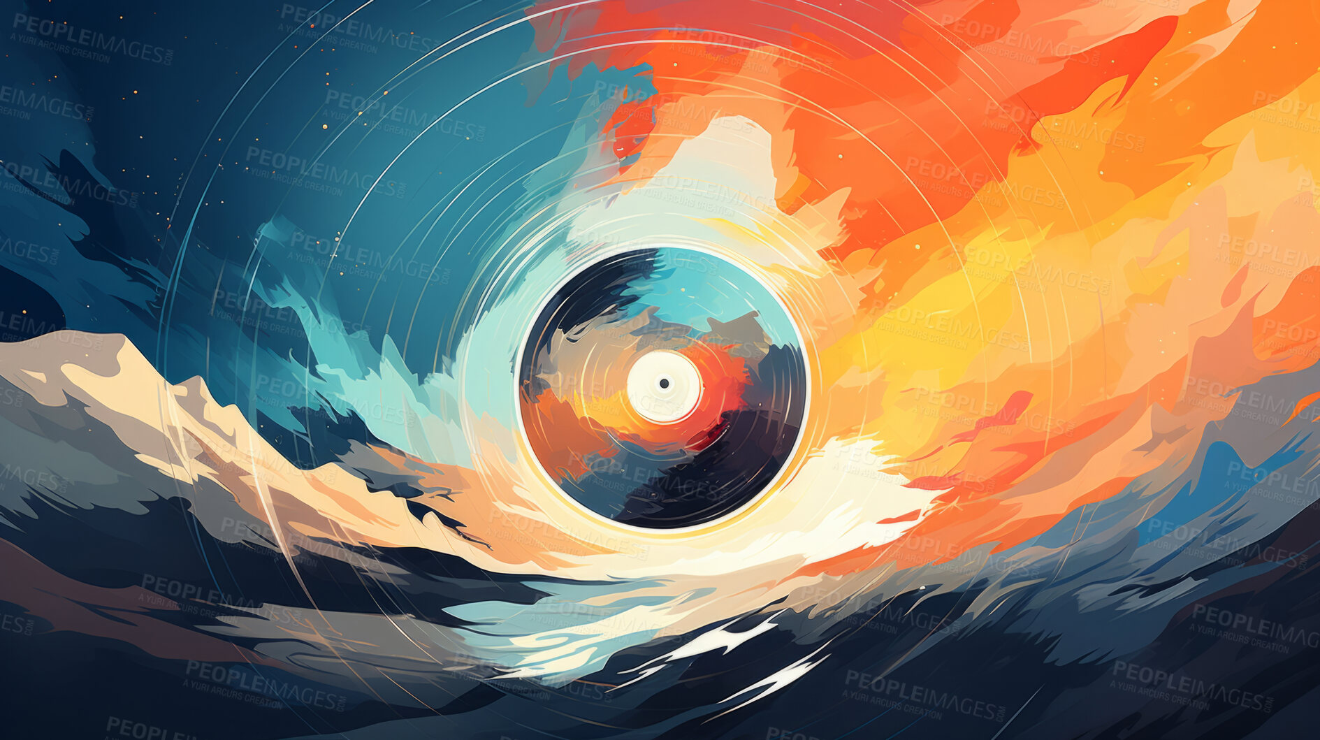 Buy stock photo Vinyl record, abstract art and vibrant colors in musical expression. Creative, modern and visually striking representation of a classic medium, transformed into a unique artistic masterpiece. A fusion of nostalgia and contemporary creativity