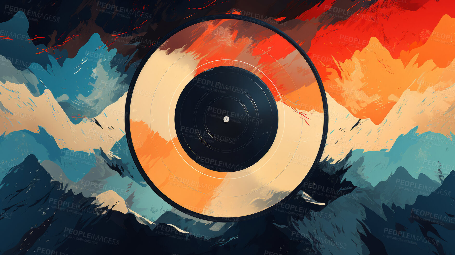 Buy stock photo Vinyl record, abstract art and vibrant colors in musical expression. Creative, modern and visually striking representation of a classic medium, transformed into a unique artistic masterpiece. A fusion of nostalgia and contemporary creativity