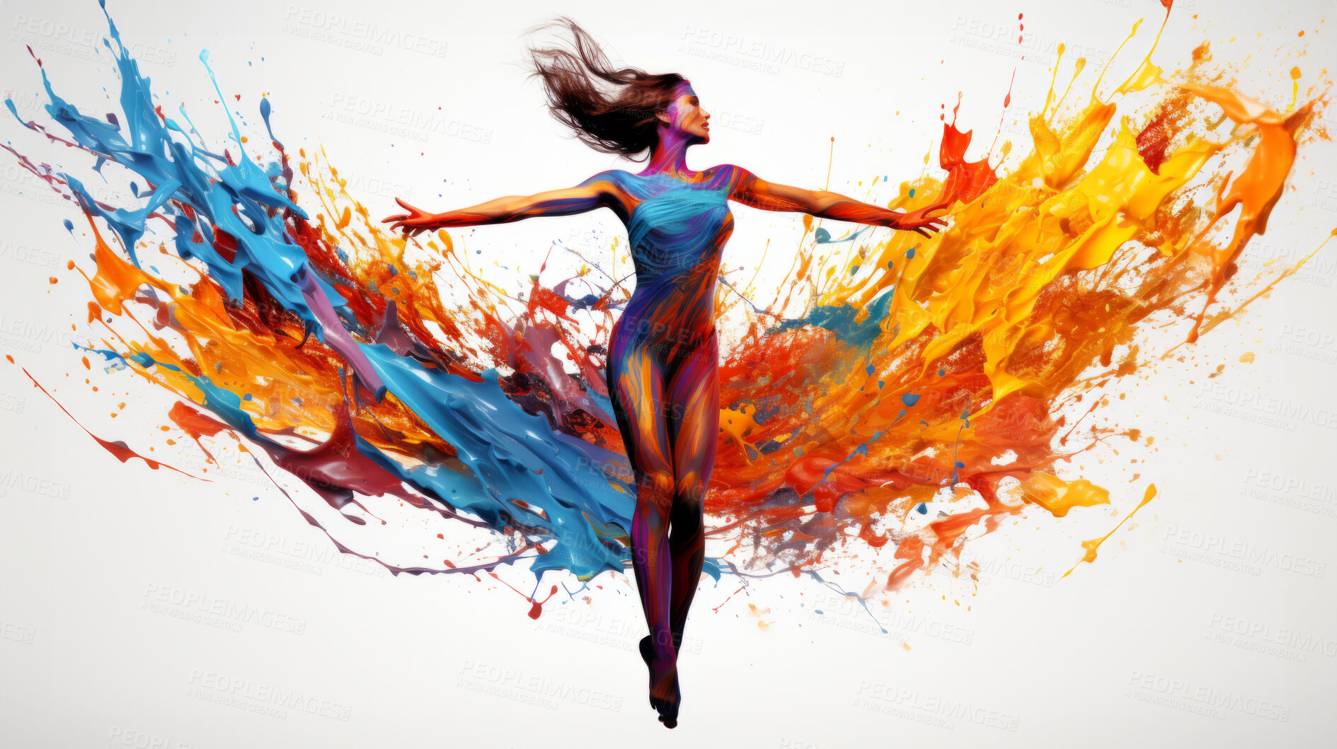 Buy stock photo Dancer, illustration and vivid colors. Energetic, expressive and lively portrayal of a dancer, radiating vibrance and vitality through a spectrum of vivid colors. A mesmerising visual celebration.