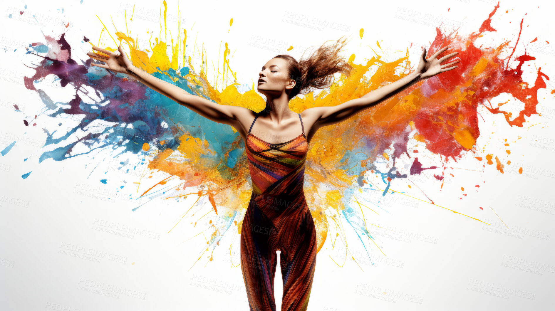 Buy stock photo Dancer, illustration and vivid colors. Energetic, expressive and lively portrayal of a dancer, radiating vibrance and vitality through a spectrum of vivid colors. A mesmerising visual celebration.