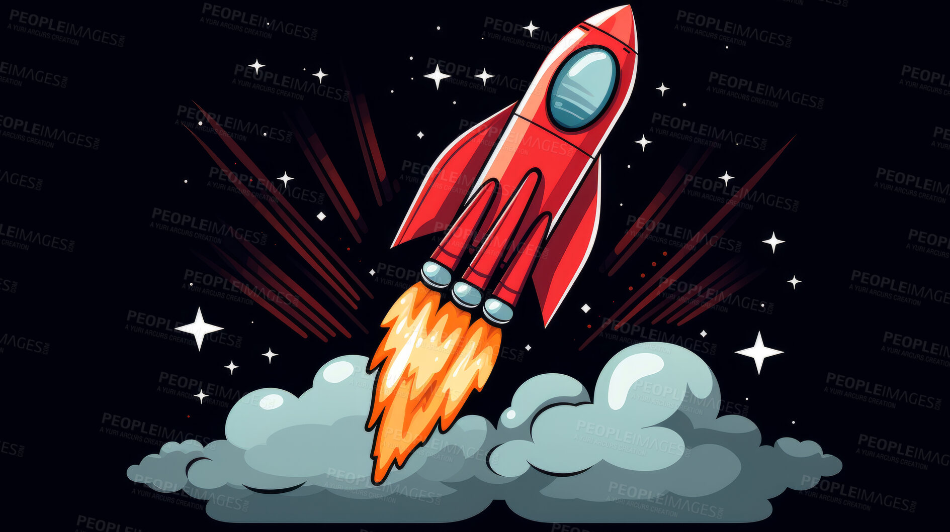 Buy stock photo Spaceship launch, adventure and travel on space mission in research, exploration or discovery. Science, innovation or technology in business startup, finance development and success.