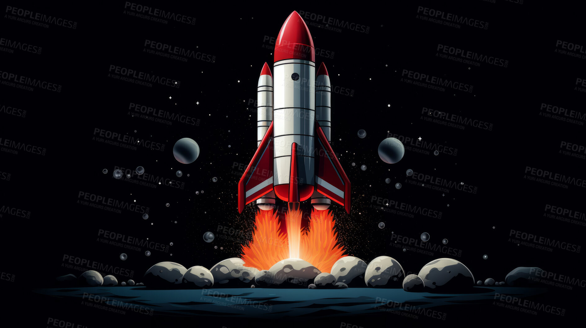 Buy stock photo Spaceship launch, adventure and travel on space mission in research, exploration or discovery. Science, innovation or technology in business startup, finance development and success.