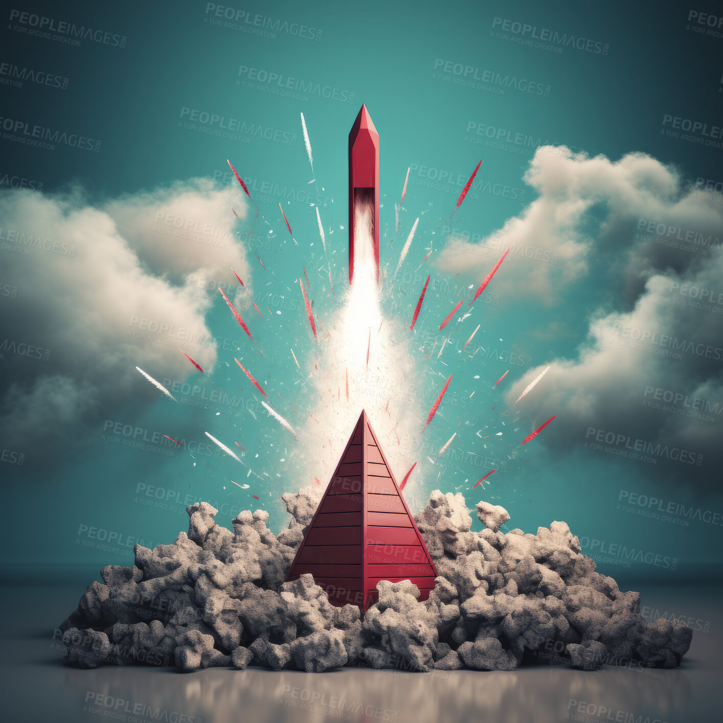 Buy stock photo Spaceship launch, pyramid and travel on space mission in research, exploration or discovery. Science, innovation or technology in business startup, finance development and success.