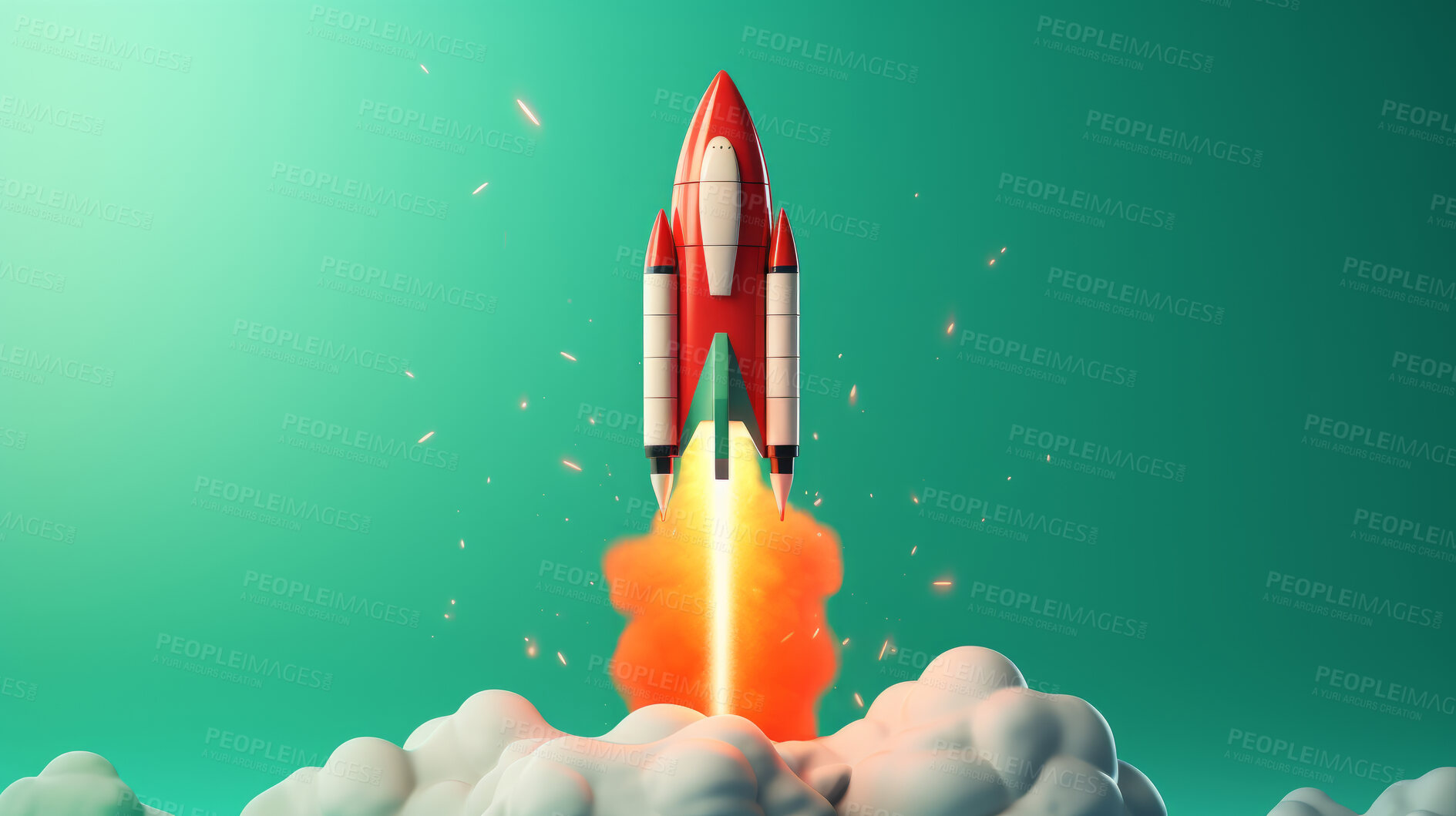 Buy stock photo Spaceship launch, adventure and travel on space mission in research, exploration or discovery. Science, innovation or technology in business startup, finance development and success.