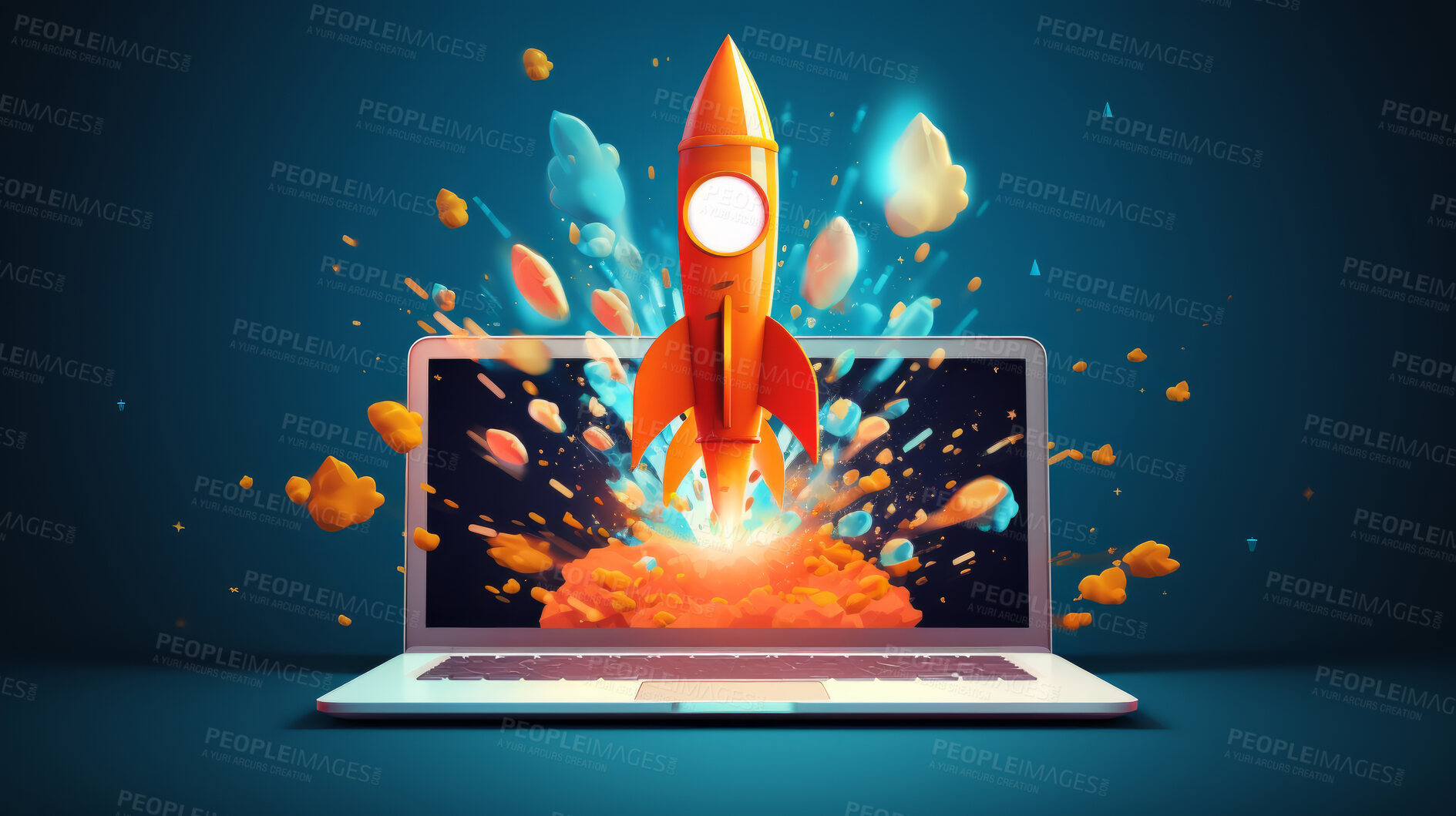 Buy stock photo Spaceship, laptop and startup progress on space mission in research, exploration or discovery. Science, innovation or technology in business, finance development and success