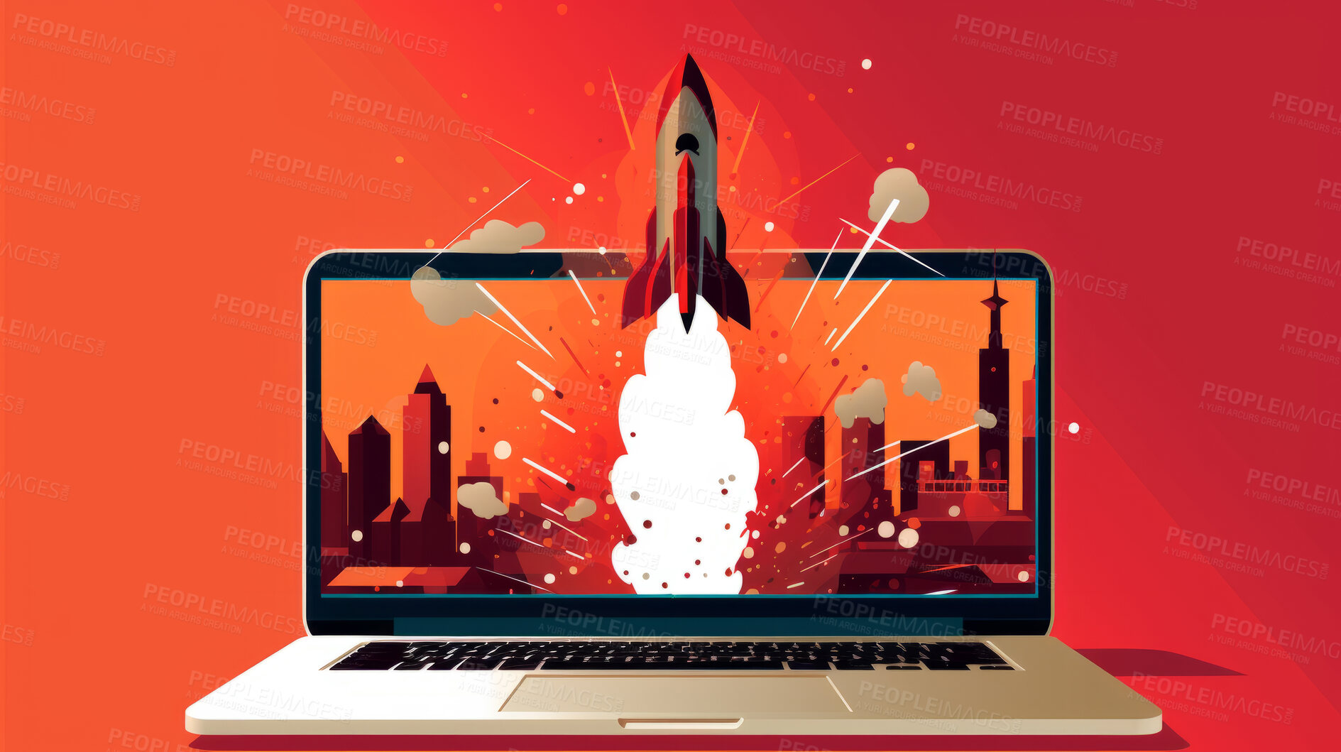 Buy stock photo Spaceship, laptop and startup progress on space mission in research, exploration or discovery. Science, innovation or technology in business, finance development and success