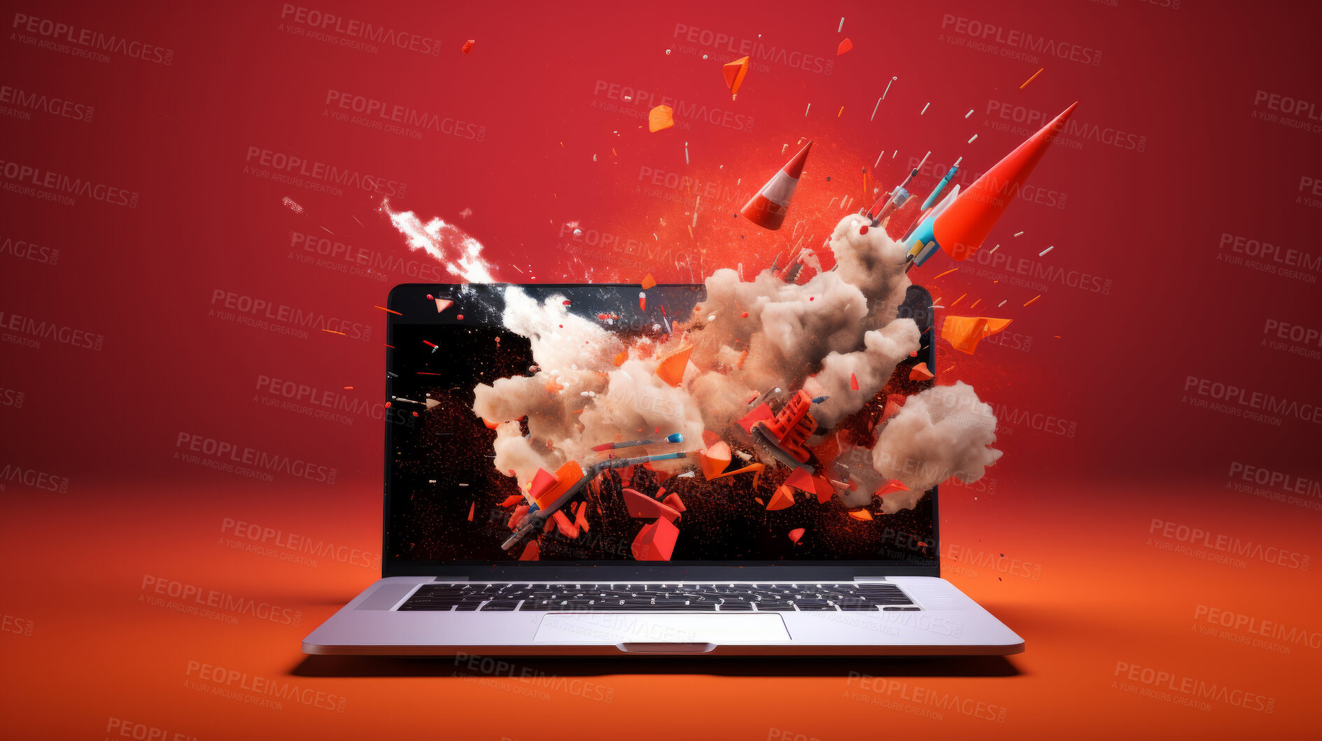 Buy stock photo Explosion, laptop and startup fail in disaster, destruction and cyber security breach. Bomb, danger and crisis in business, company finance and stock market crash at online war