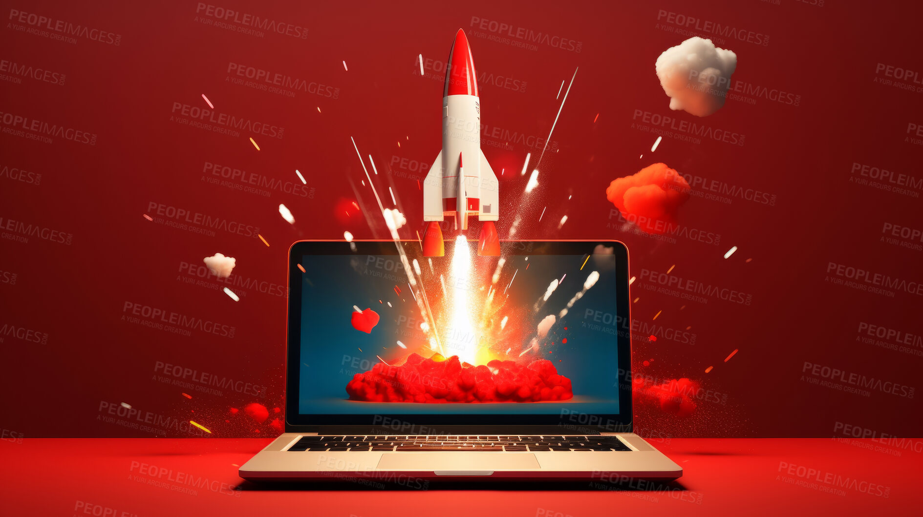 Buy stock photo Spaceship, laptop and startup progress on space mission in research, exploration or discovery. Science, innovation or technology in business, finance development and success