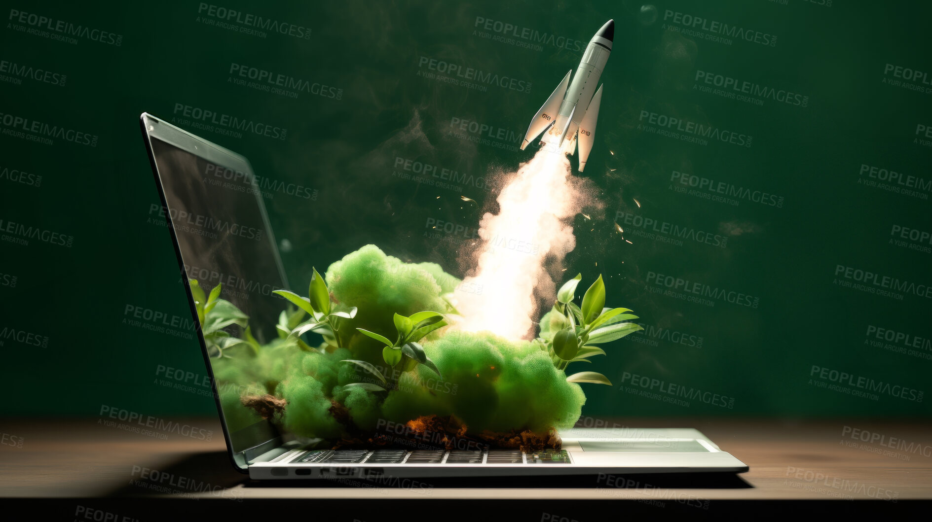 Buy stock photo Spaceship, laptop and sustainable travel on space mission in research, exploration or discovery. Science, innovation or technology in business startup, finance development and success.