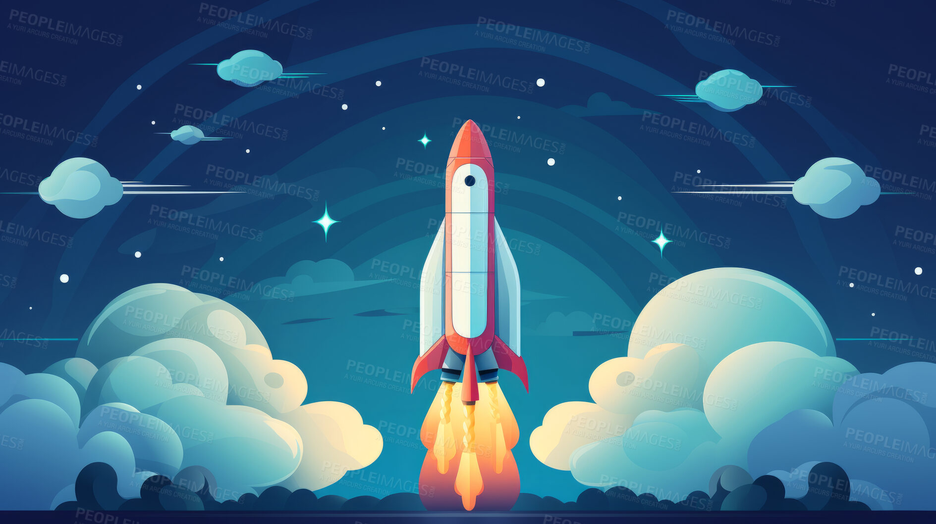 Buy stock photo Spaceship launch, adventure and travel on space mission in research, exploration or discovery. Science, innovation or technology in business startup, finance development and success.