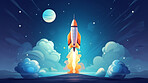 Spaceship launch, adventure and travel on space mission in research, exploration or discovery. Science, innovation or technology in business startup, finance development and success.