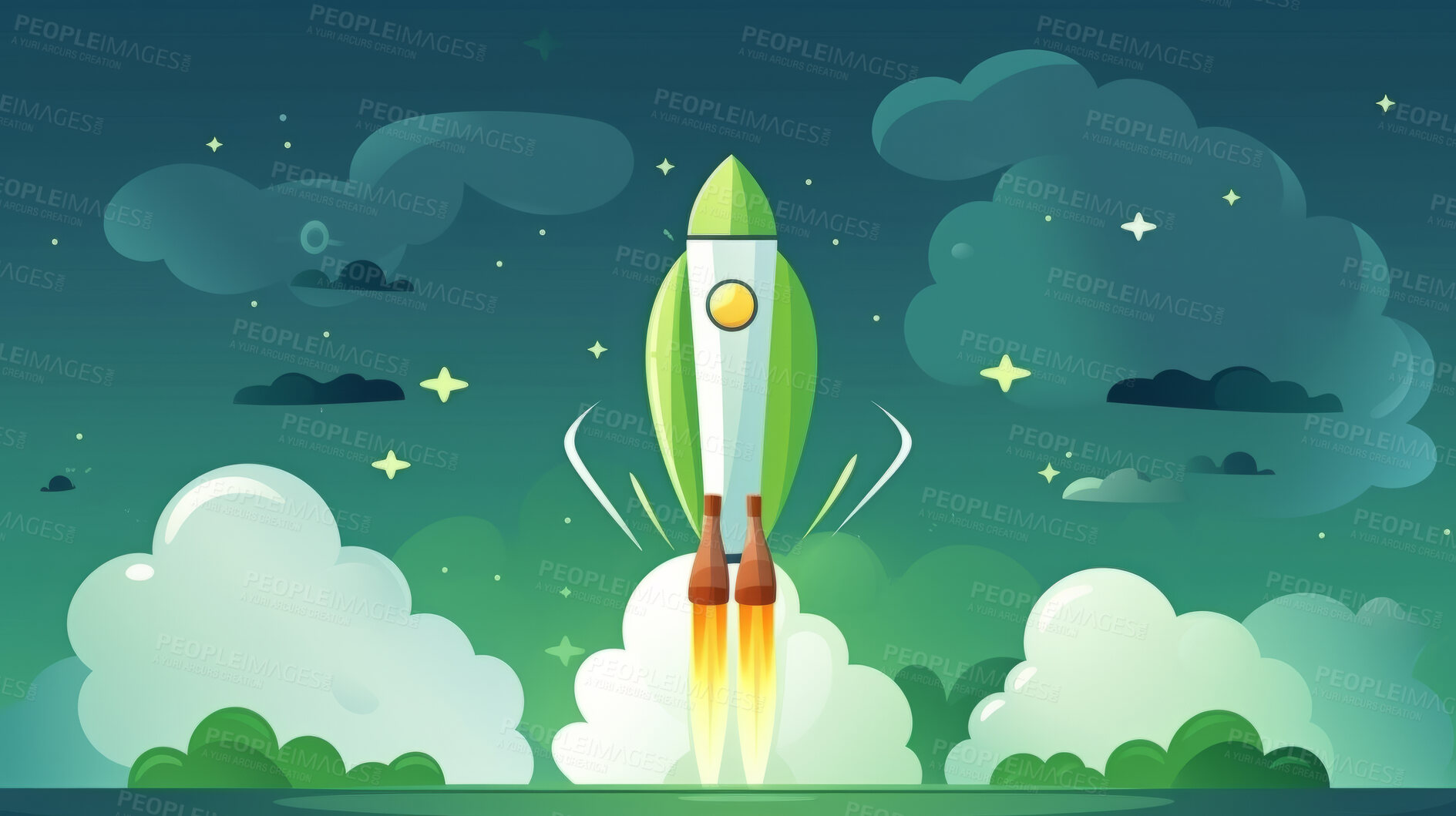 Buy stock photo Spaceship launch, adventure and sustainable travel on space mission in research, exploration or discovery. Science, innovation or technology in business startup, finance development and success.