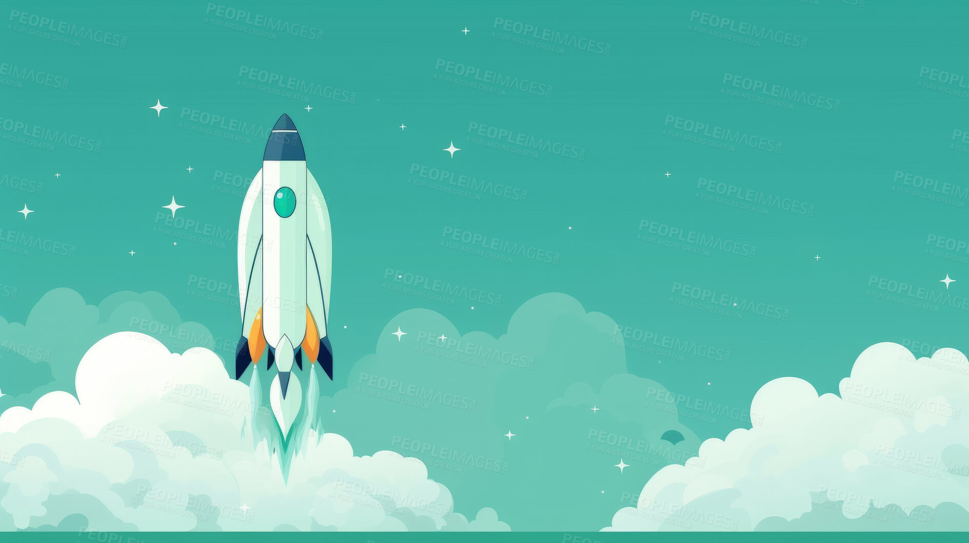 Buy stock photo Spaceship launch, adventure and sustainable travel on space mission in research, exploration or discovery. Science, innovation or technology in business startup, finance development and success.