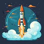 Spaceship launch, adventure and travel on space mission in research, exploration or discovery. Science, innovation or technology in business startup, finance development and success.