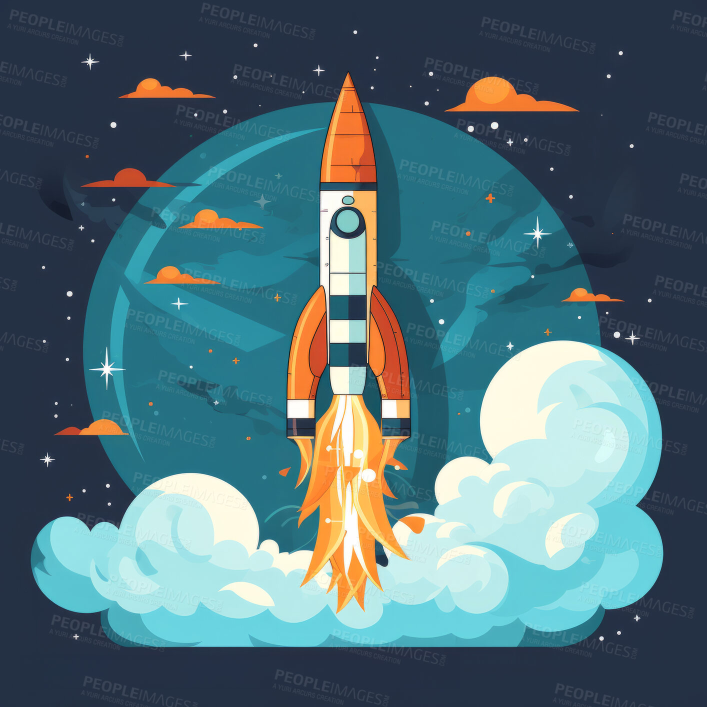 Buy stock photo Spaceship launch, adventure and travel on space mission in research, exploration or discovery. Science, innovation or technology in business startup, finance development and success.