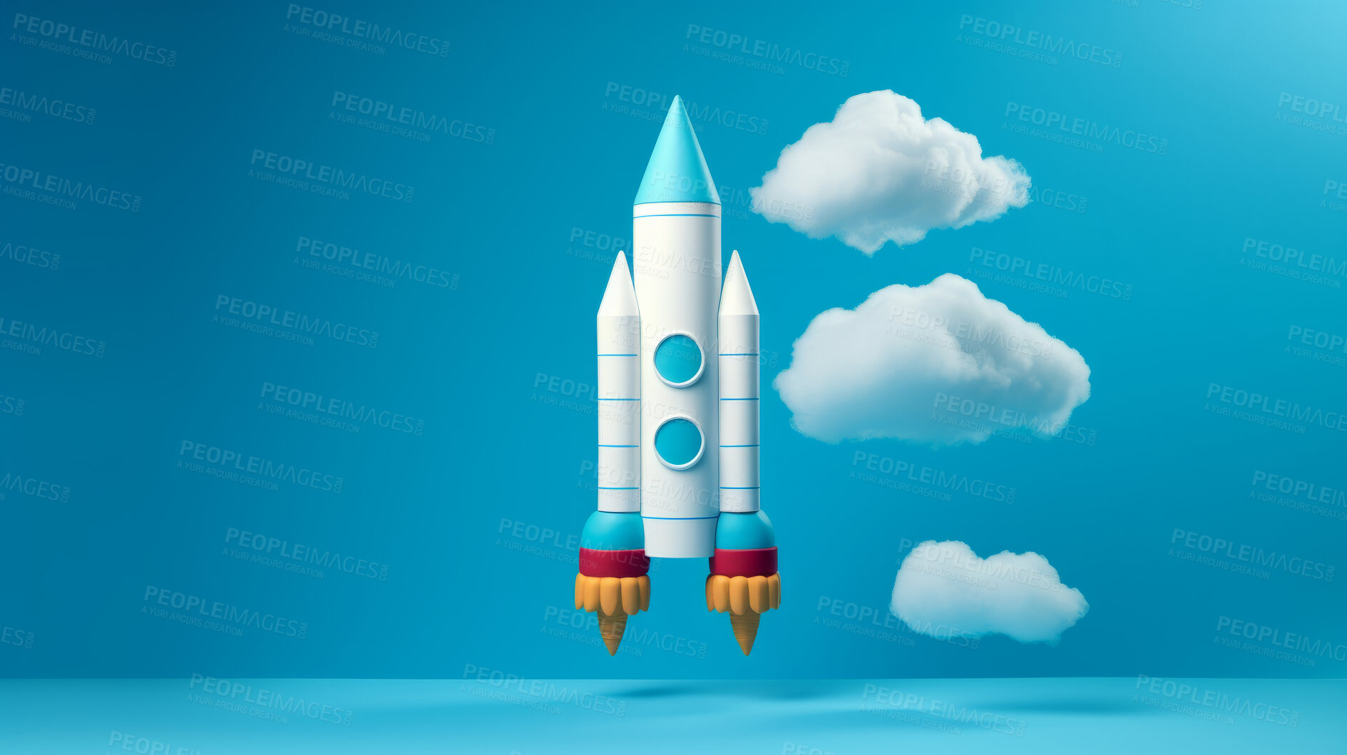 Buy stock photo Spaceship launch, adventure and travel on space mission in research, exploration or discovery. Science, innovation or technology in business startup, finance development and success.