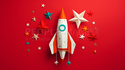 Spaceship, adventure and travel on space mission in research, exploration or discovery. Science, innovation or technology for rocket in business startup, finance development and success.