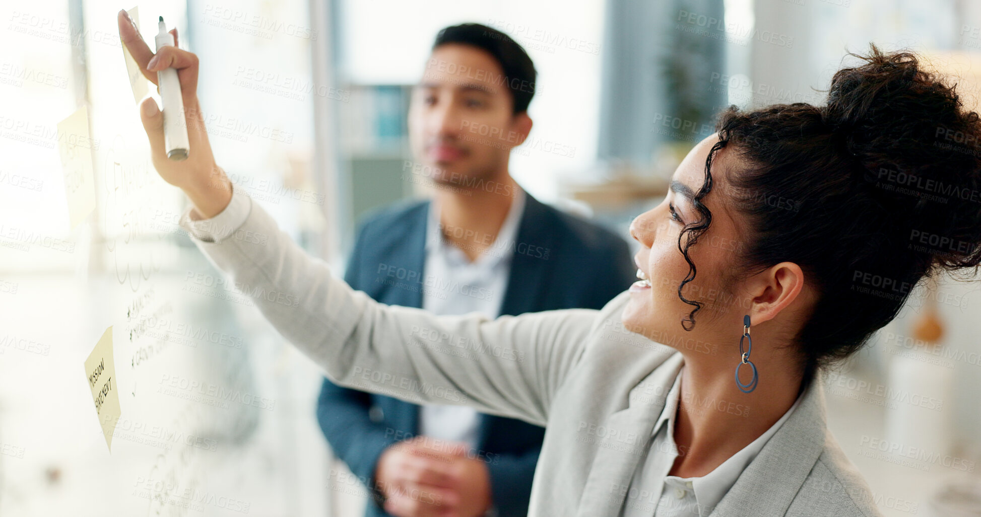 Buy stock photo Planning, strategy and business people writing on glass moodboard in office for brainstorming, agenda or schedule. Creative agency, man and woman in design, problem solving together and mindmap idea.