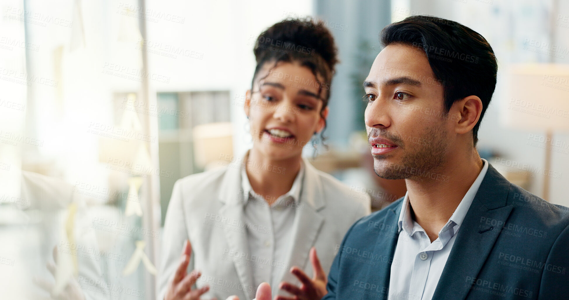 Buy stock photo Talking, thinking and business people with glass moodboard in office for brainstorming, agenda or schedule. Creative agency, businessman and woman problem solving with discussion, vision and mindmap.