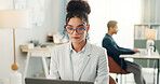 Woman with smile, laptop and typing in coworking space, research and online schedule at consulting agency. Office, networking business and girl at computer writing email review, feedback or report.