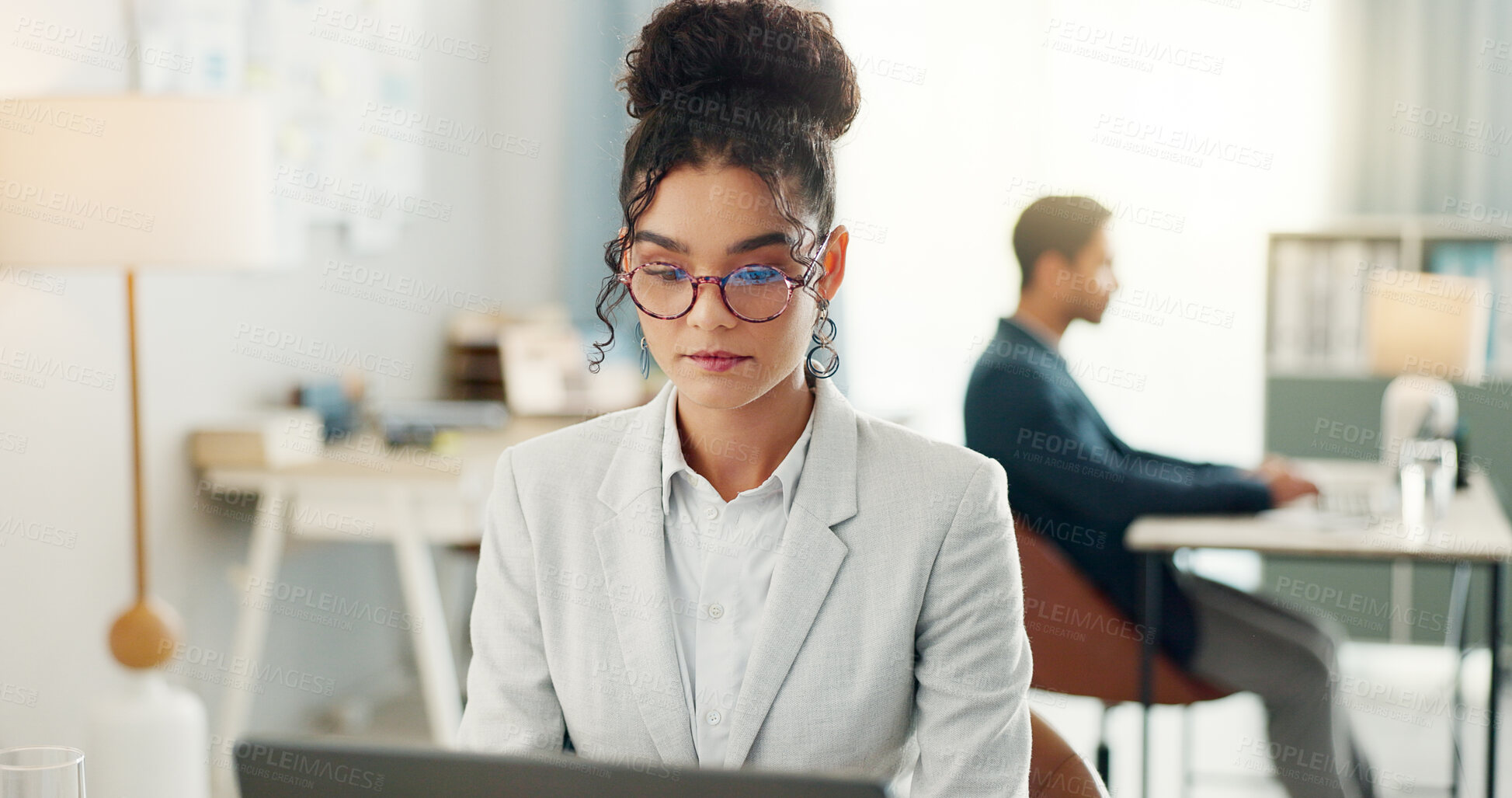 Buy stock photo Business woman, reading on computer and planning, online research or editing of legal report for legal or law firm. Young professional people or lawyers on workspace laptop and glasses for solution