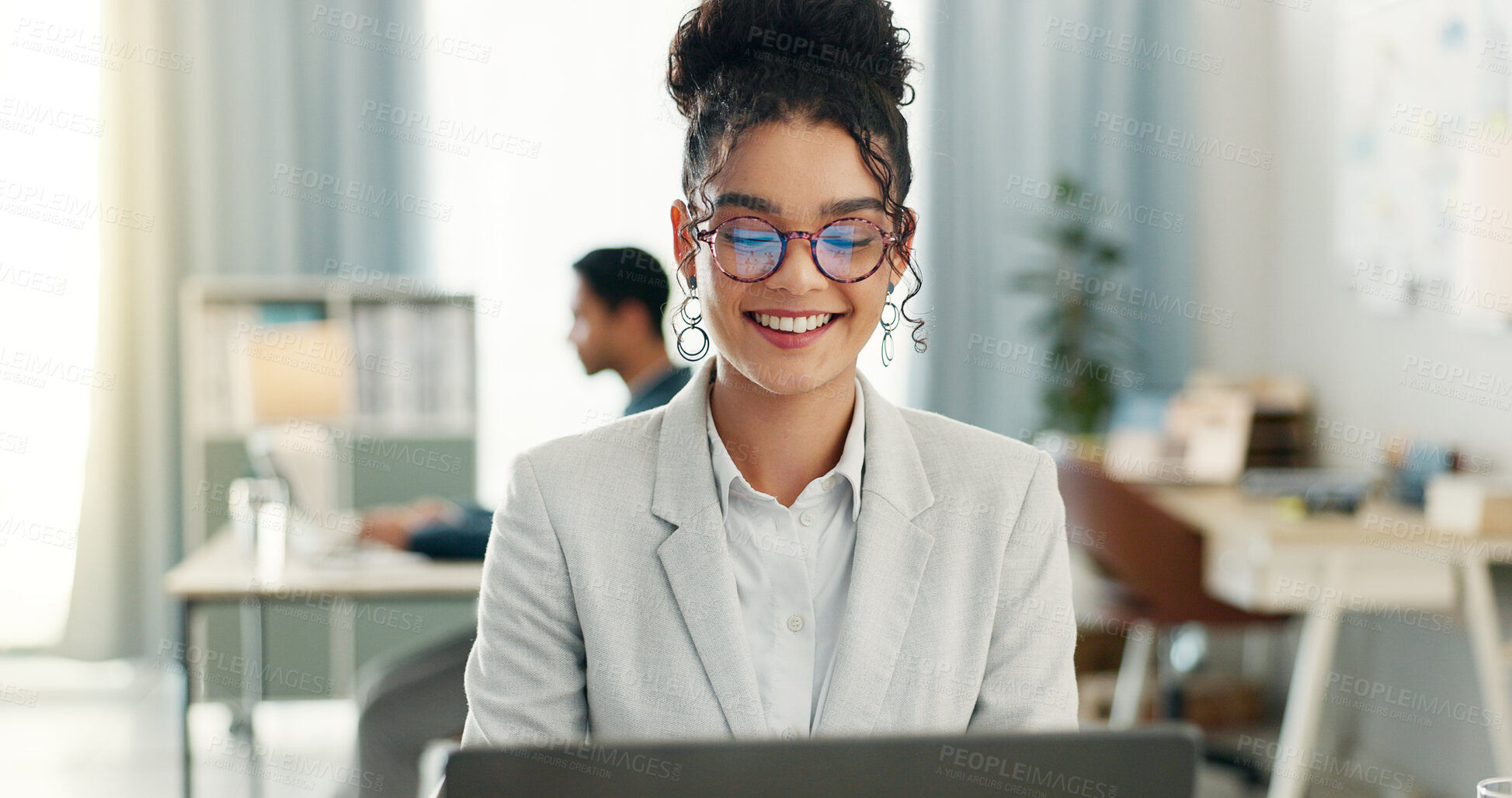 Buy stock photo Happy woman in office with laptop, typing and market research in at creative agency with internet, email and smile. Admin, business people and girl at computer writing review, feedback or report.