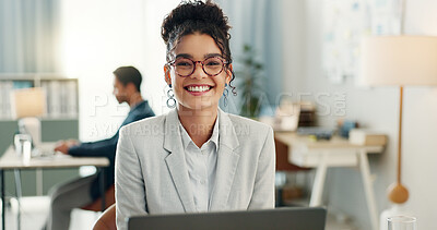 Portrait of woman with smile, laptop and coworking space for research, online admin and consultant at agency. Office, networking business and girl at computer typing email review, feedback or report