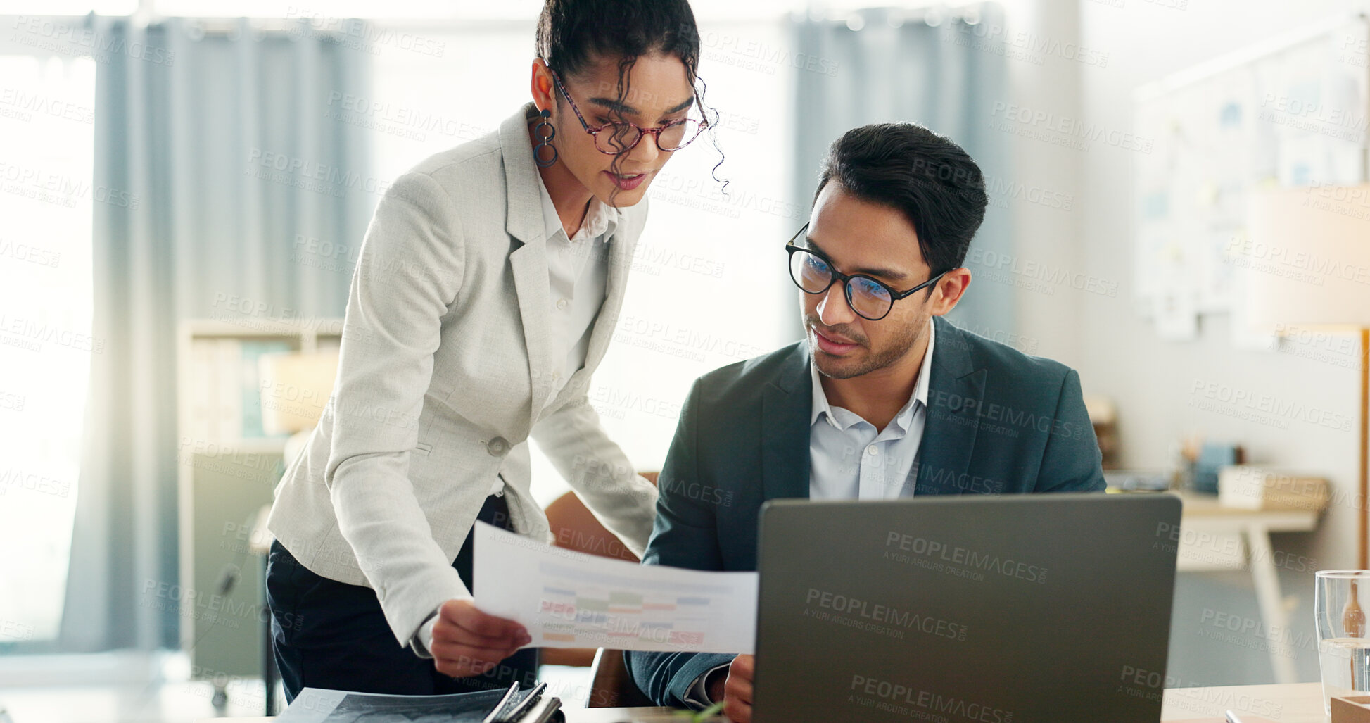Buy stock photo Collaboration, business people and laptop with communication and teamwork for project. Computer, talking and lawyer staff with case discussion and attorney work with report in a office together