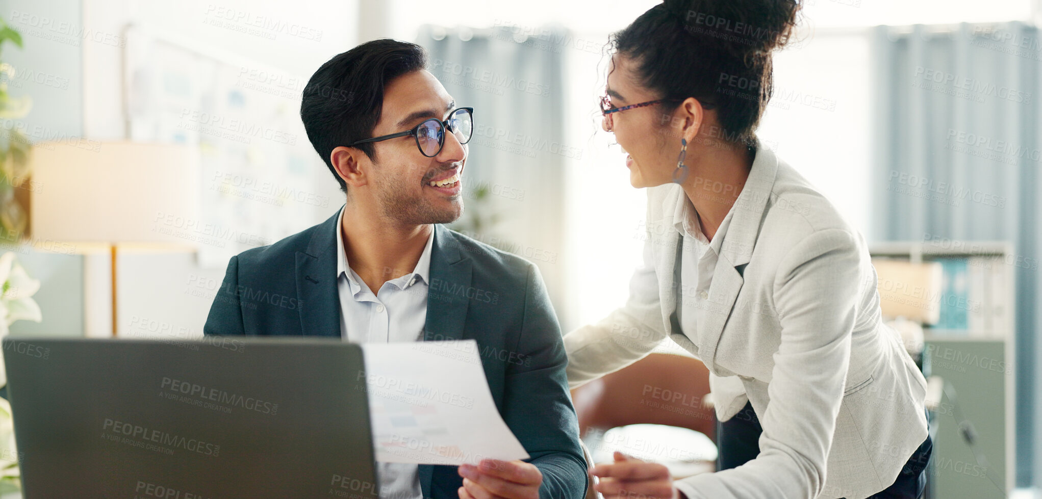 Buy stock photo Documents, desk and business people with laptop, smile and collaboration for agenda, schedule or sales. Creative agency, businessman and happy woman in office with statistics, paperwork and glasses.