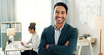 Portrait of man with smile, confidence and coworking space, manager for online research and consulting agency. Office, happiness and businessman with arms crossed, leadership and entrepreneur at work