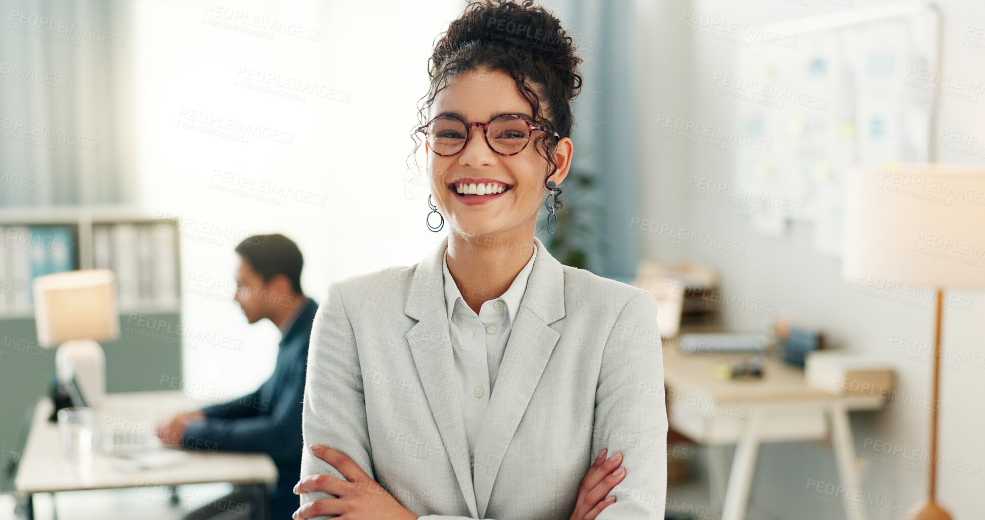 Buy stock photo Business woman, laugh and portrait with confidence and coworking space at corporate consultant agency. Office, happy and female professional with arms crossed, worker and entrepreneur at workplace