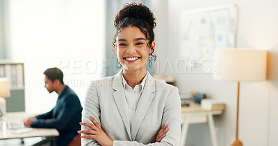 Portrait of woman with smile, confidence and coworking space, manager for online research and consulting agency. Office, happiness and businesswoman with arms crossed, leader and entrepreneur at work