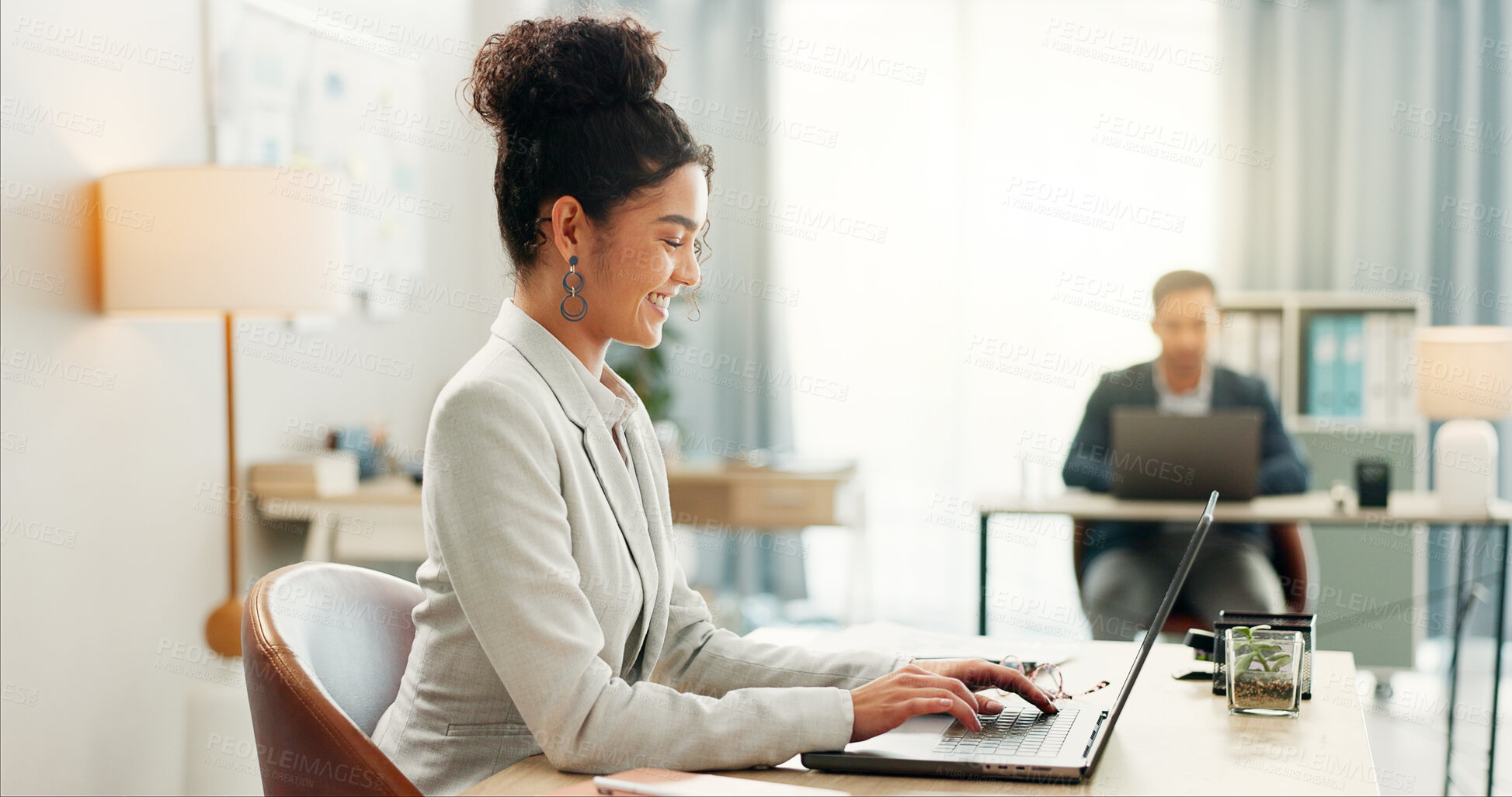 Buy stock photo Happy woman in office with laptop, typing and online research in at creative agency with internet, email and report. Admin, business people and girl at computer writing review, feedback and smile.