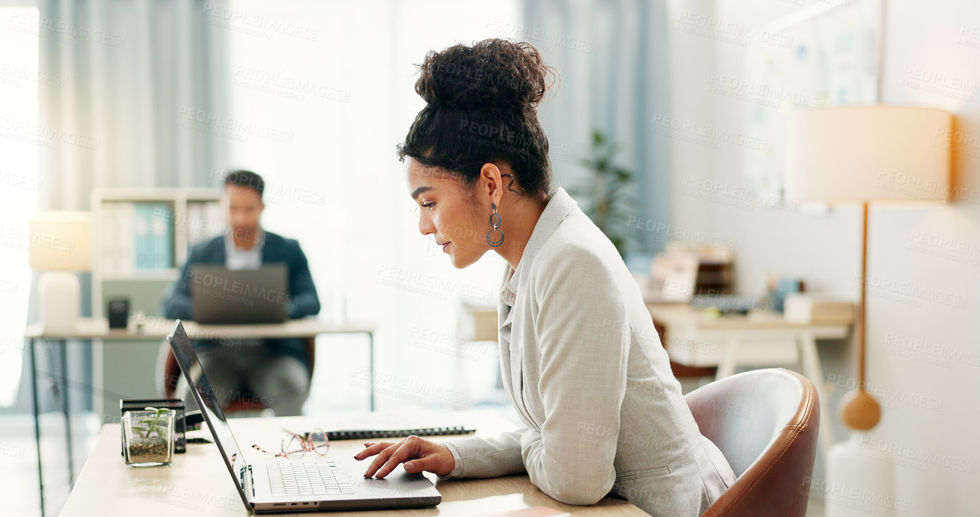 Buy stock photo Woman in office with laptop, typing and market research in at creative agency with internet, email and tech. Administration, business people and girl at computer writing review, feedback or report.