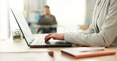 Hands of woman at desk, laptop and typing in coworking space, research and online schedule at consulting agency. Office, admin business and girl at computer writing email review, feedback or report.