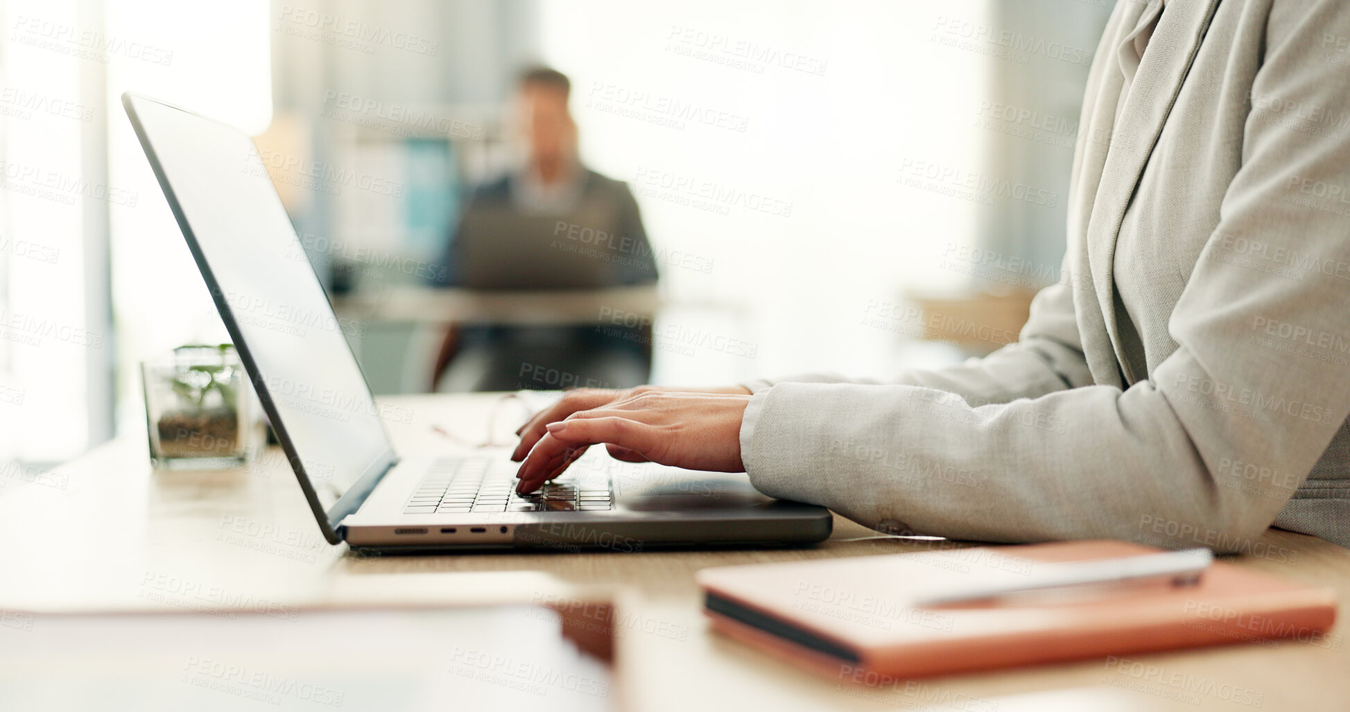 Buy stock photo Hands of woman at desk with laptop, typing and market research at admin agency with internet, email or tech. Admin, business people and girl at computer writing review, feedback or online report.