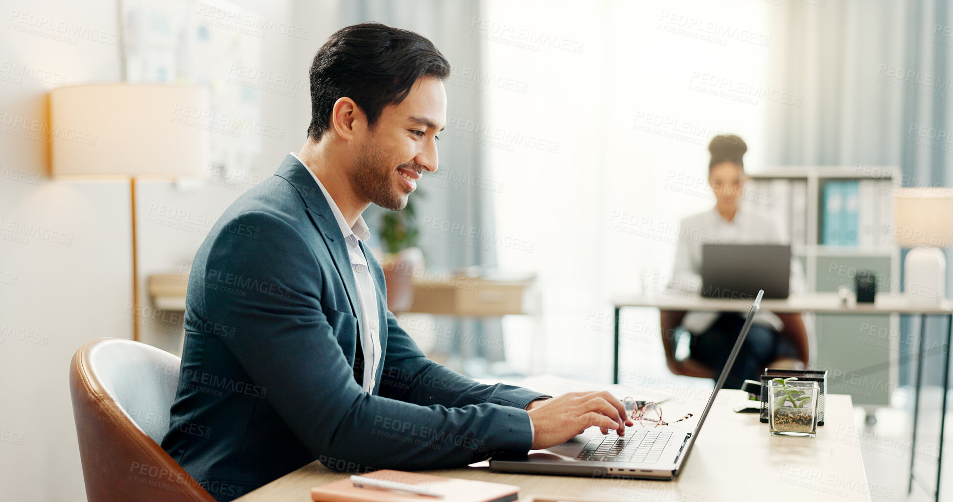 Buy stock photo Happy man in office with laptop, typing and email for market research on internet at agency with tech. Web, business people or businessman at computer writing review, feedback or online report