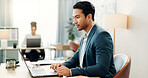 Man at desk, laptop and typing in coworking space, market research and online schedule at consulting agency. Office, admin and happy businessman at computer writing email review, feedback or report.