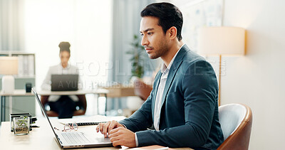 Man at desk, laptop and typing in coworking space, market research and online schedule at consulting agency. Office, admin and happy businessman at computer writing email review, feedback or report.