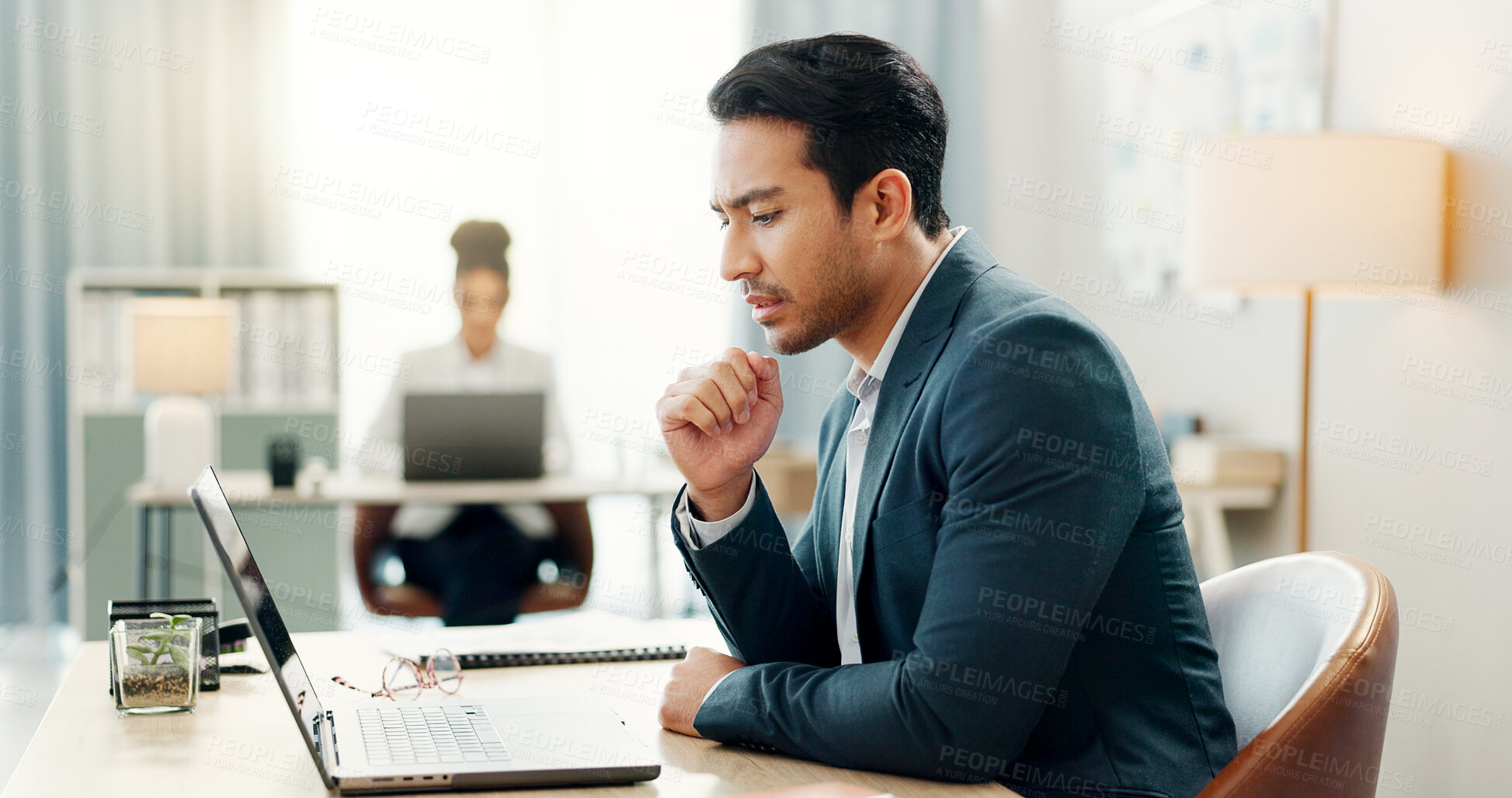 Buy stock photo Man in office with laptop, email and thinking at creative agency with internet, reading and market research. Admin, business people and businessman at computer checking review, feedback or report.