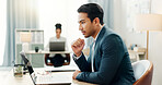 Man at desk, laptop and thinking in coworking space, market research or online schedule at consulting agency. Office, idea and businessman at computer writing email article review, feedback or report