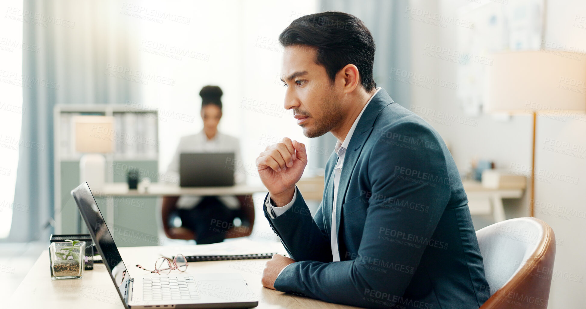 Buy stock photo Thinking businessman in office with laptop, reading and market research at creative agency with internet, email or tech. Admin, business people and man at computer checking review, feedback or report