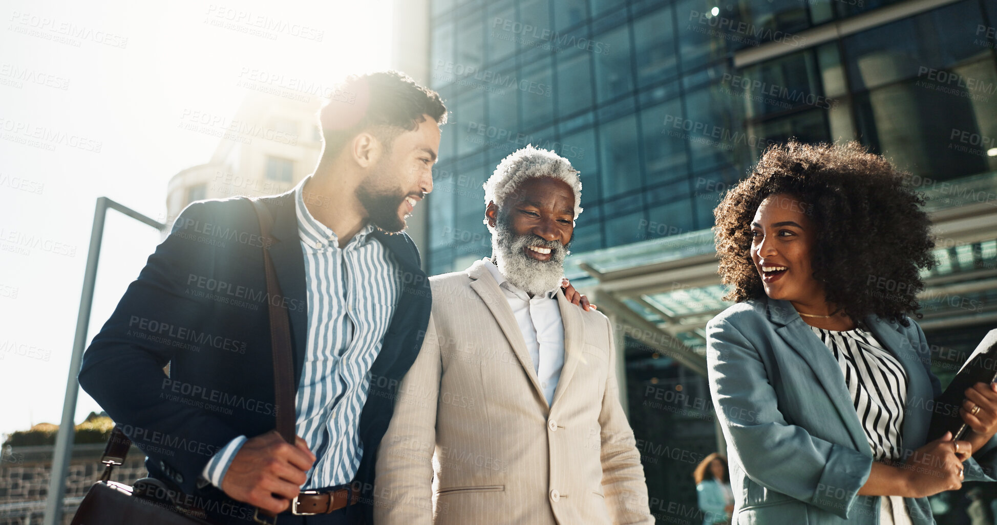 Buy stock photo Business people, outdoor and walking with conversation, teamwork and New York city with professionals. Corporate, urban town and group with ideas, lens flare and summer with with cooperation and talk