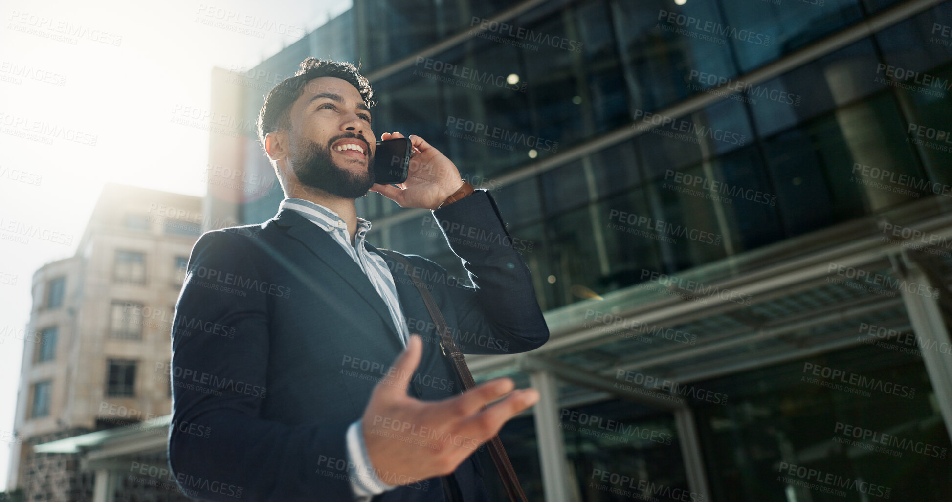 Buy stock photo Outdoor, walking and business with man, phone call and connection with conversation, talking and morning. Urban town, person and employee with a smartphone, city and communication with network or app