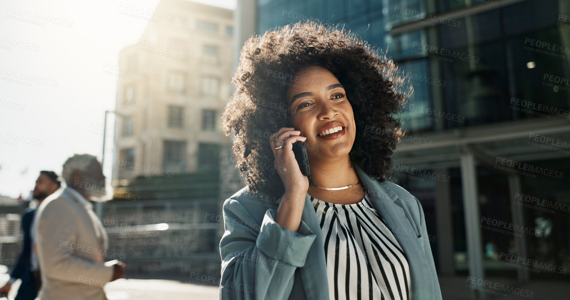 Buy stock photo City, walking and business with woman, phone call and connection with conversation, talking and morning. Urban town, person or employee with a smartphone, outdoor or communication with network or app