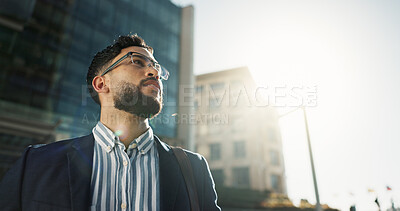 Businessman, vision and city in travel for opportunity, dream job or career ambition outside building. Face of man or employee thinking with business mindset for outdoor inspiration in an urban town