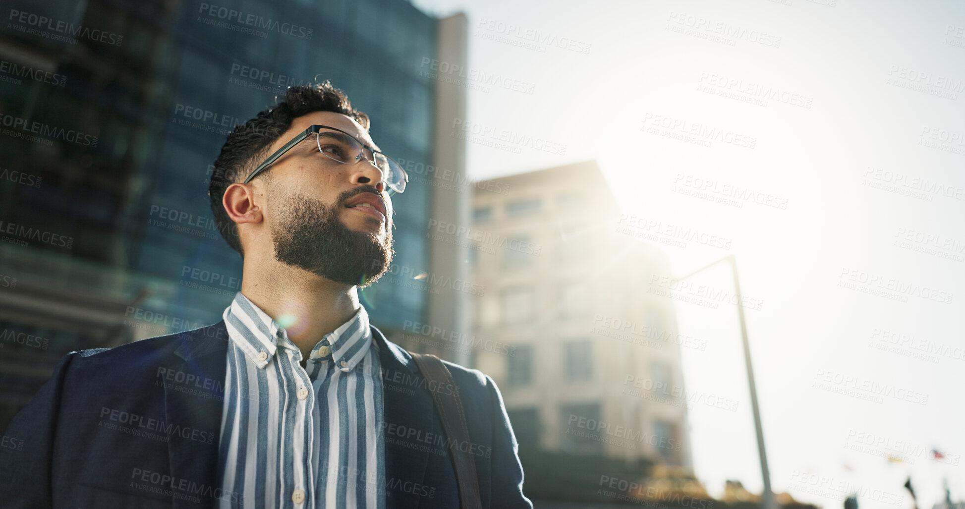 Buy stock photo Businessman, vision and city in travel for opportunity, dream job or career ambition outside building. Face of man or employee thinking with business mindset for outdoor inspiration in an urban town