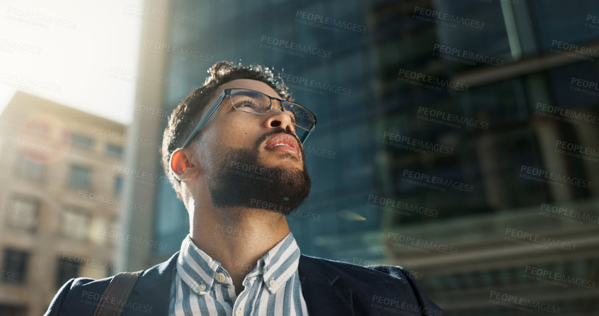 Buy stock photo Businessman, vision and city in travel for opportunity, dream job or career ambition outside building. Face of man or employee thinking with business mindset for outdoor inspiration in an urban town