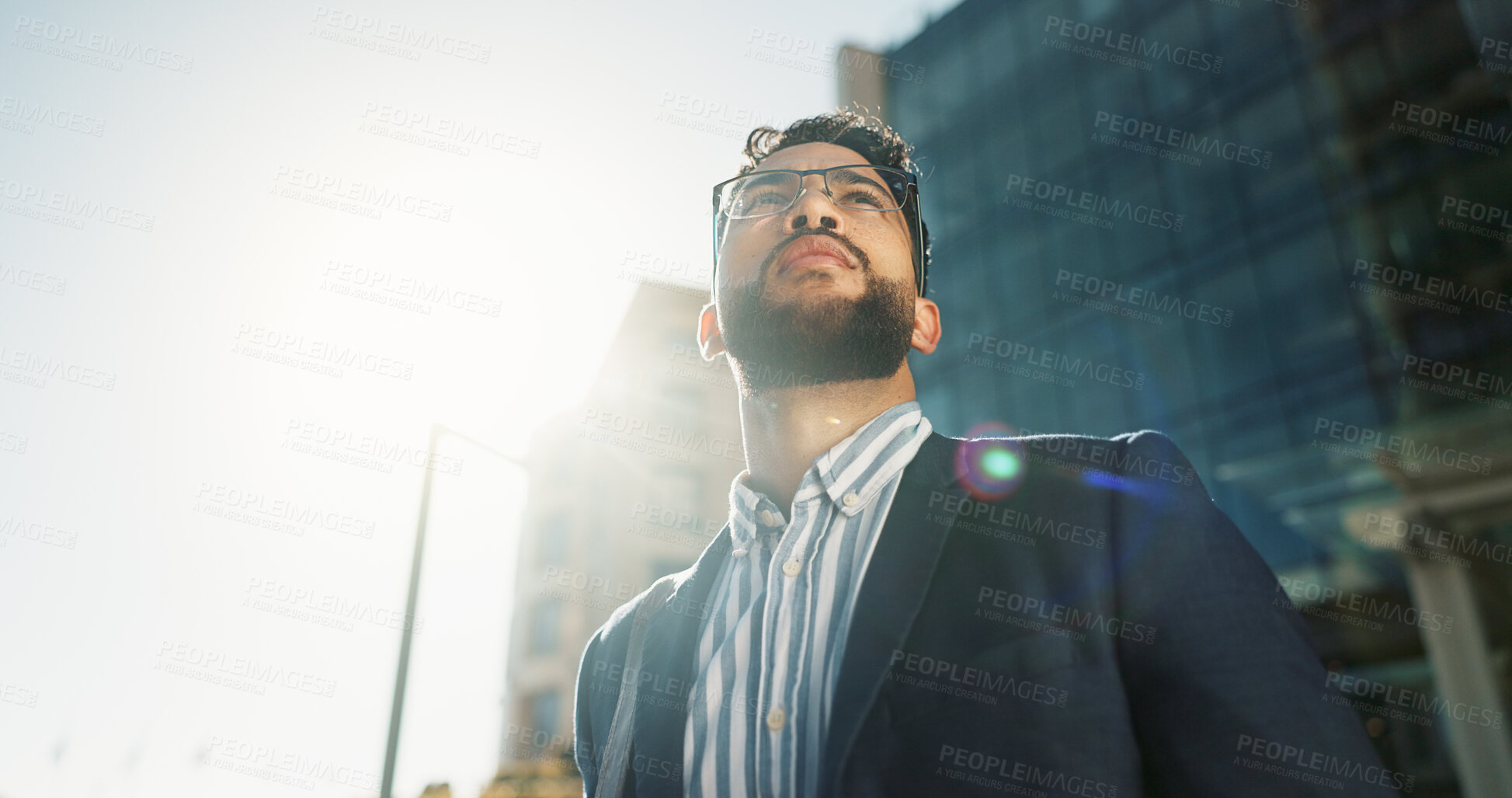 Buy stock photo Businessman, vision and city in travel for opportunity, dream job or career ambition outside building. Face of man or employee thinking with business mindset for outdoor inspiration in an urban town