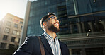 Business, travel and happy man thinking in a city for vision for future, dream or opportunity. Urban, building and male entrepreneur in London with mindset, planning or idea, commute or inspiration